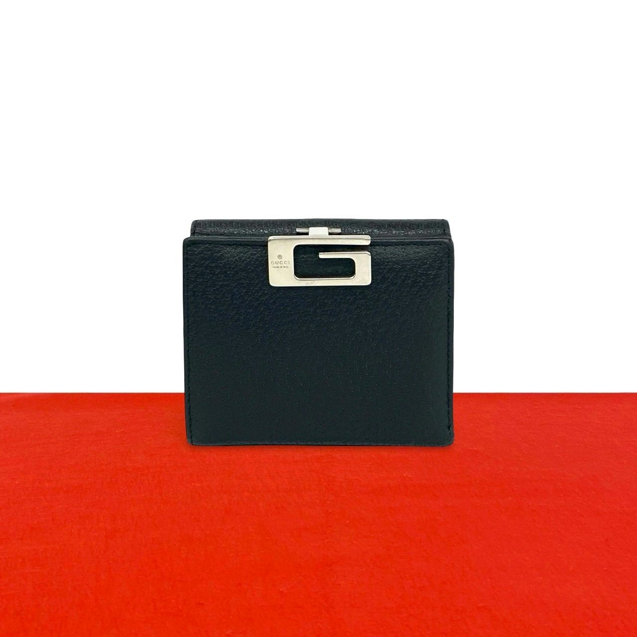 極 美品 GUCCI グッチ G ロゴ 金具 レザー 本革 二つ折り 財布 ミニ 