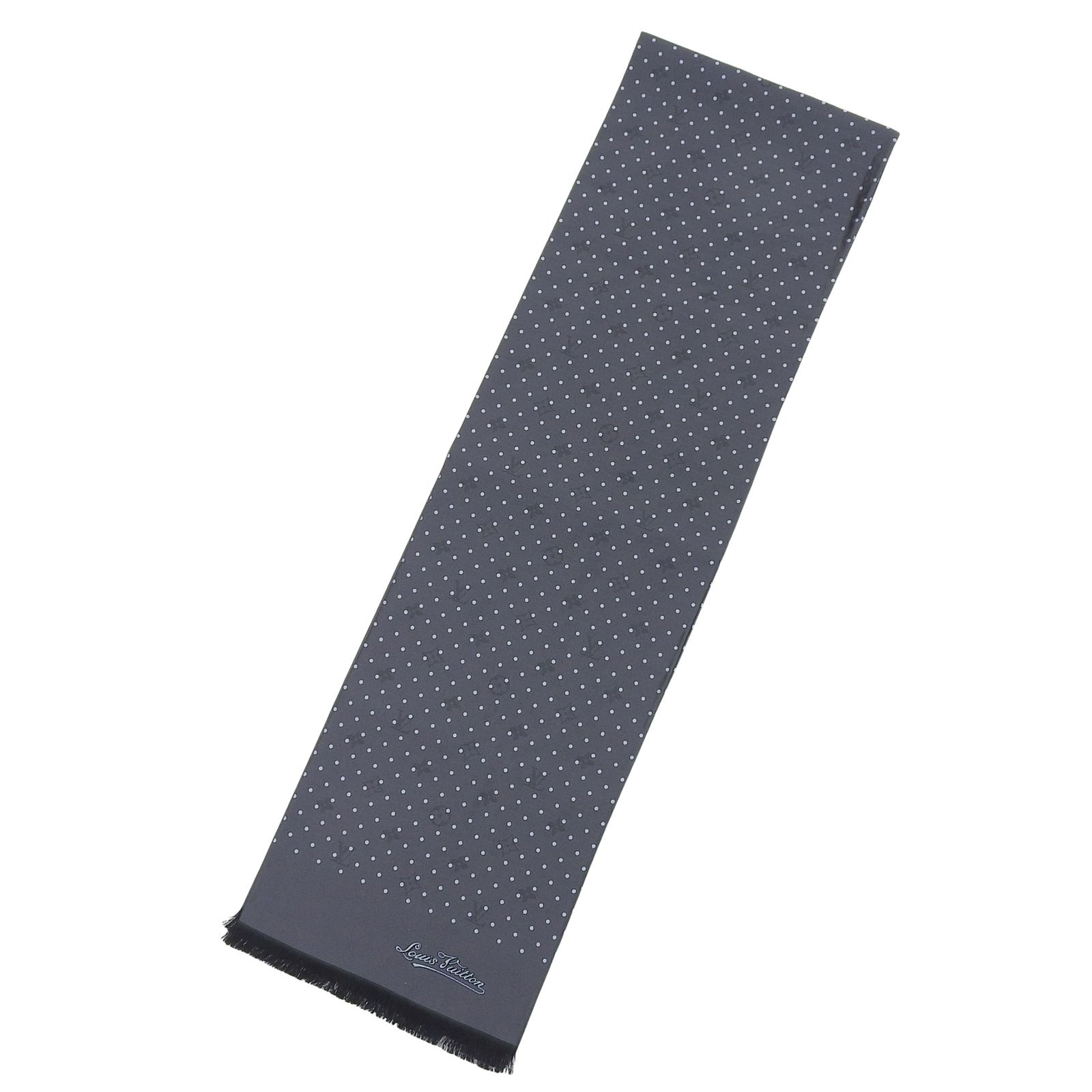 極美品▲LOUIS VUITTON ルイヴィトン 401910 シルク100％ シャドーモノグラム ドット柄 フリンジ付 ストール ブラック グレー イタリア製 正規品 レディース