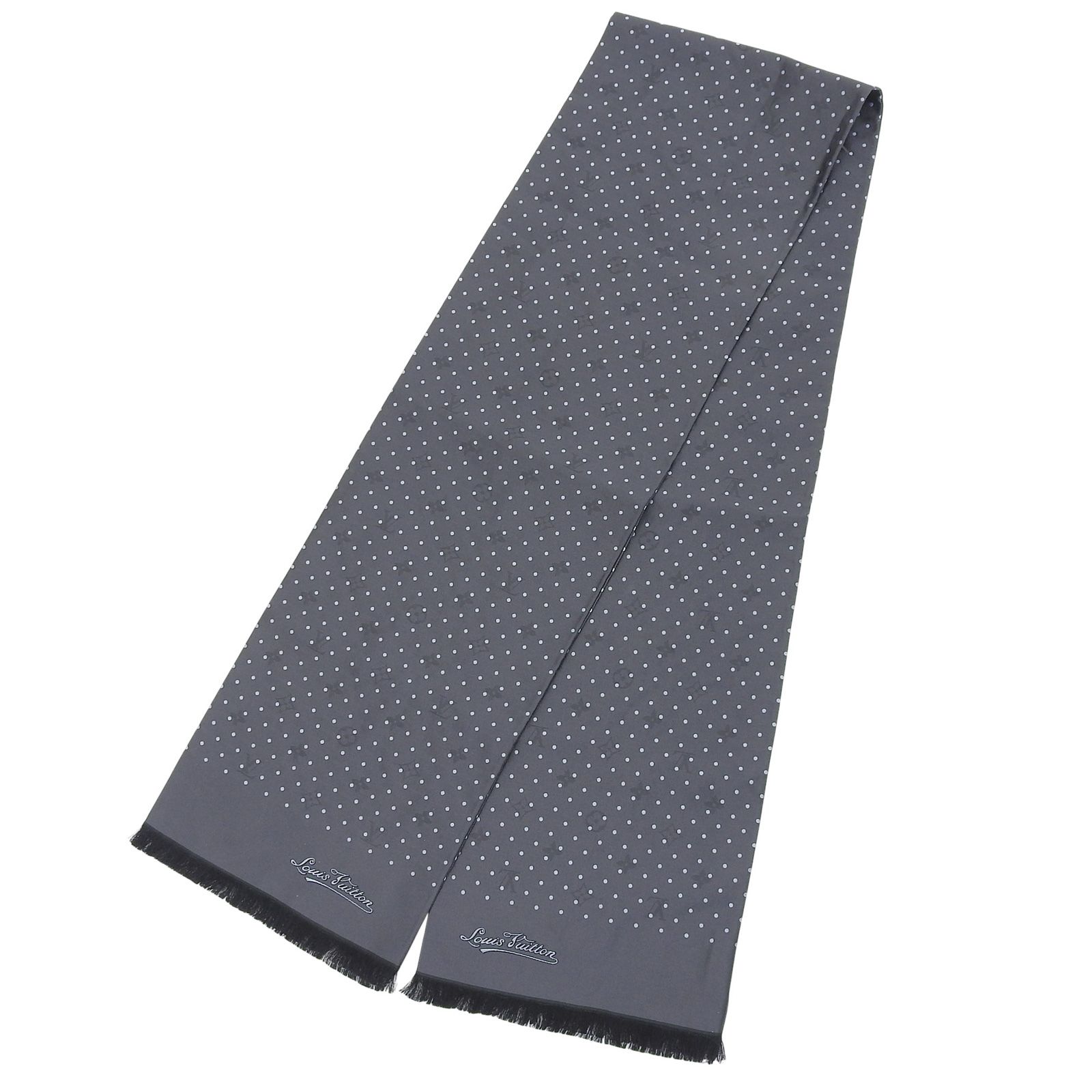 極美品▲LOUIS VUITTON ルイヴィトン 401910 シルク100％ シャドーモノグラム ドット柄 フリンジ付 ストール ブラック グレー イタリア製 正規品 レディース
