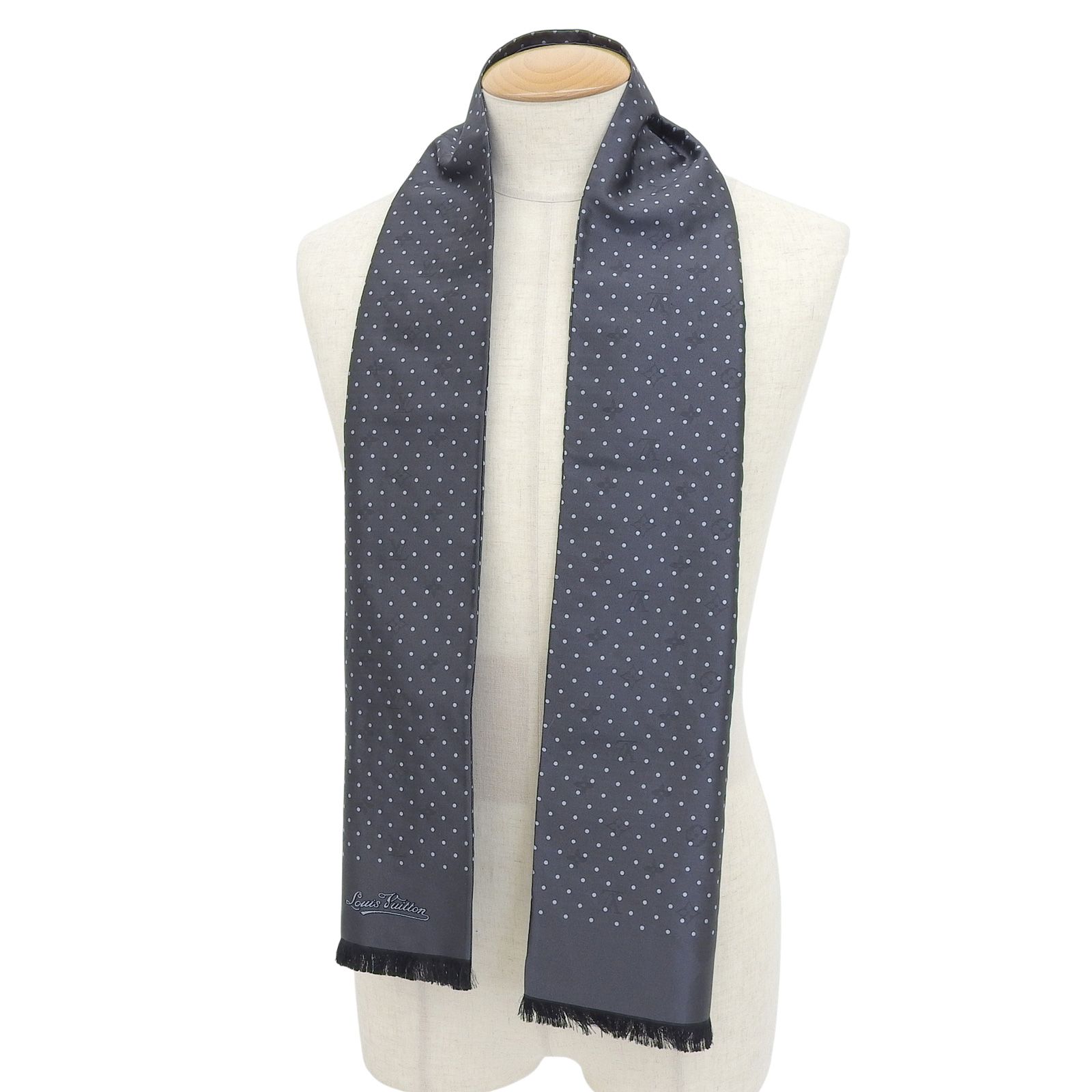 極美品▲LOUIS VUITTON ルイヴィトン 401910 シルク100％ シャドーモノグラム ドット柄 フリンジ付 ストール ブラック グレー イタリア製 正規品 レディース