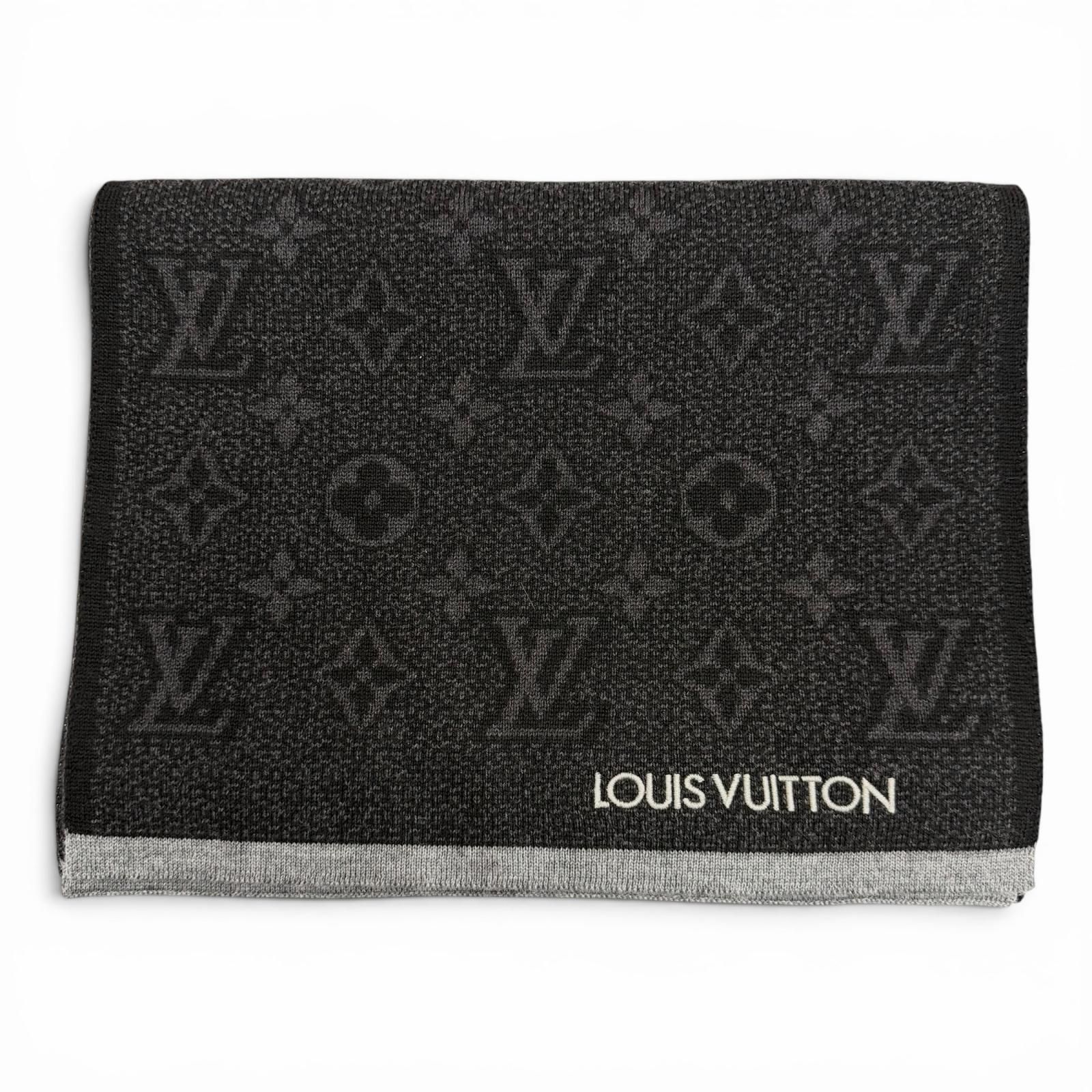 極美品▼LOUIS VUITTON ルイヴィトン 2025年製 M73468 エシャルプ マイ モノグラム エクリプス ウール100% ロゴ刺繍 マフラー ブラック グレー イタリア製 正規品 メンズ 箱付き
