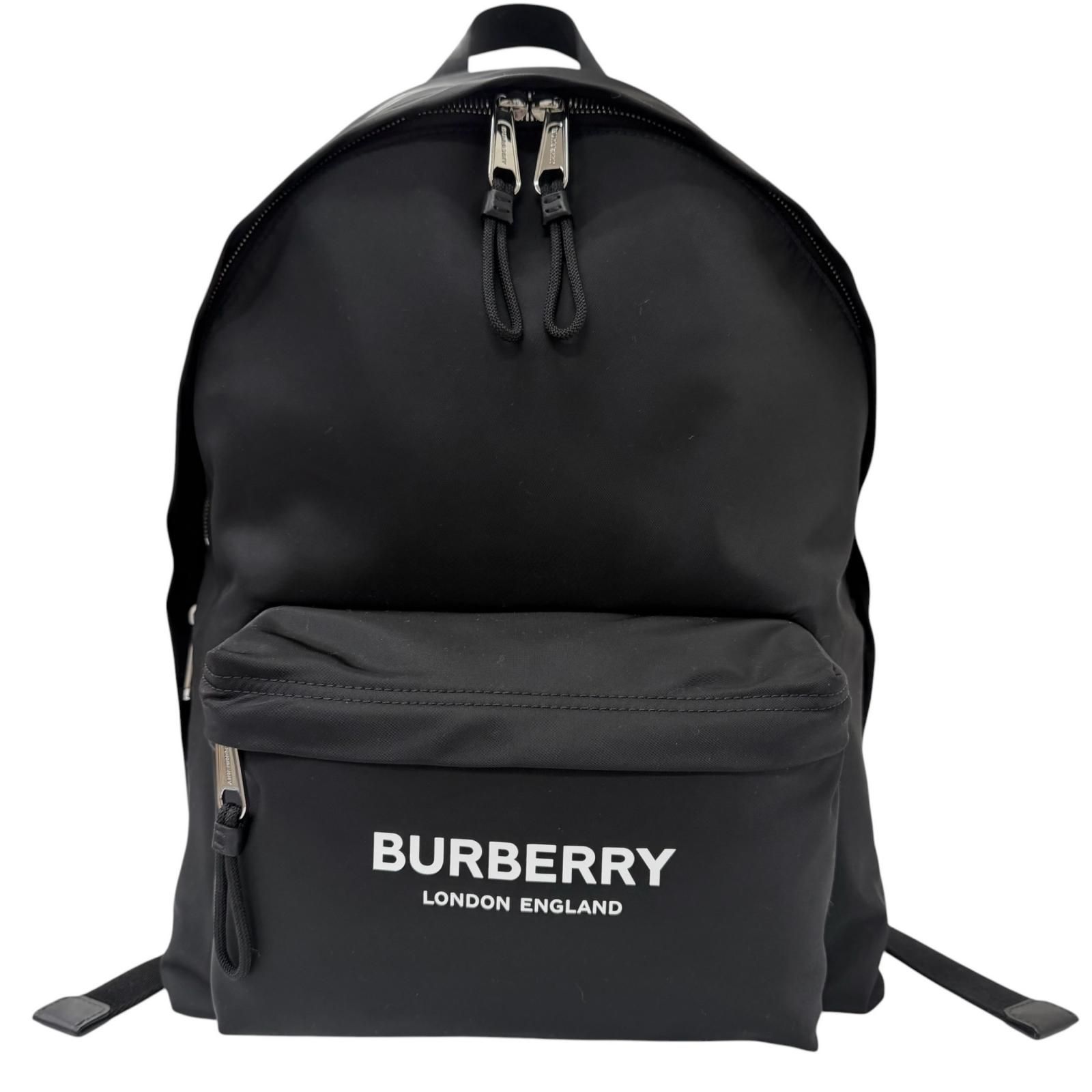 極美品□BURBERRY バーバリー 8021084 一部レザー使い ロゴプリント リュックサック デイパック ブラック メンズオススメ 保存袋付き