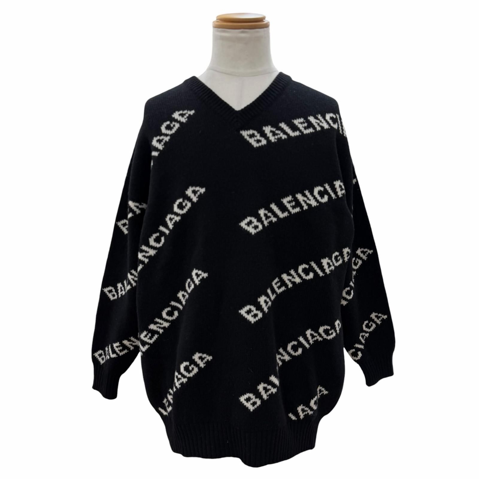 未使用品▼BALENCIAGA バレンシアガ 529061 キャメル ウール ロゴ柄 Vネック ジャガードニット セーター ブラック 38 イタリア製 正規品 メンズ