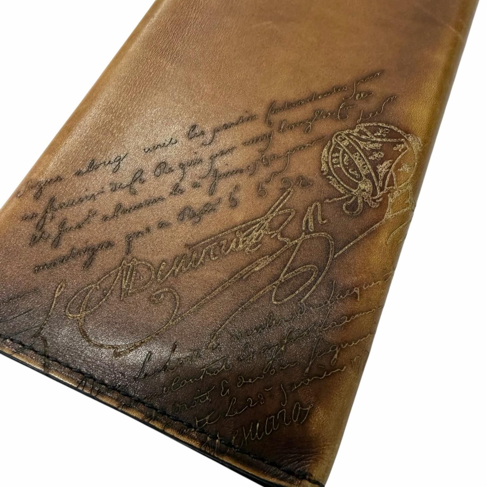 良品□BERLUTI ベルルッティ エスパス エン レザー スクリット カリグラフィ 札入れ 長財布 ロングウォレット ブラウン イタリア製 メンズ