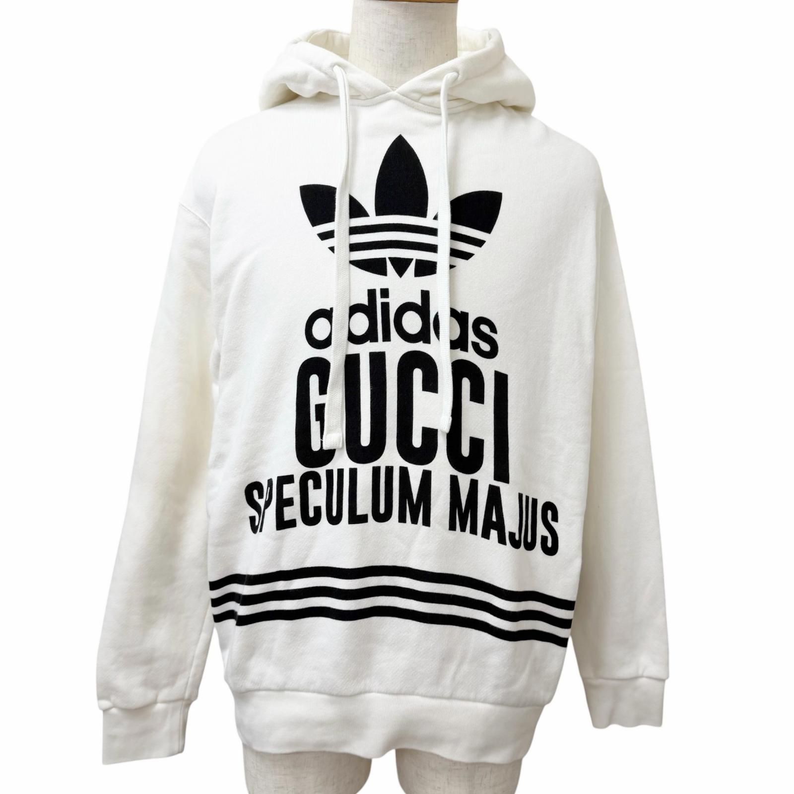 美品□GUCCI×adidas グッチ×アディダス 717427 コットン トレフォイル ロゴプリント プルオーバー パーカー ホワイト XS 正規品 メンズ
