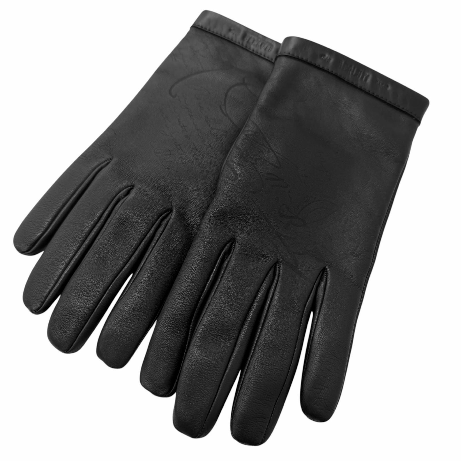 極美品□BERLUTI ベルルッティ 羊革 裏カシミヤ100％ カリグラフィ スクリット 手袋 レザーグローブ ブラック 8 イタリア製 正規品 メンズ 現行品 定価122,100円