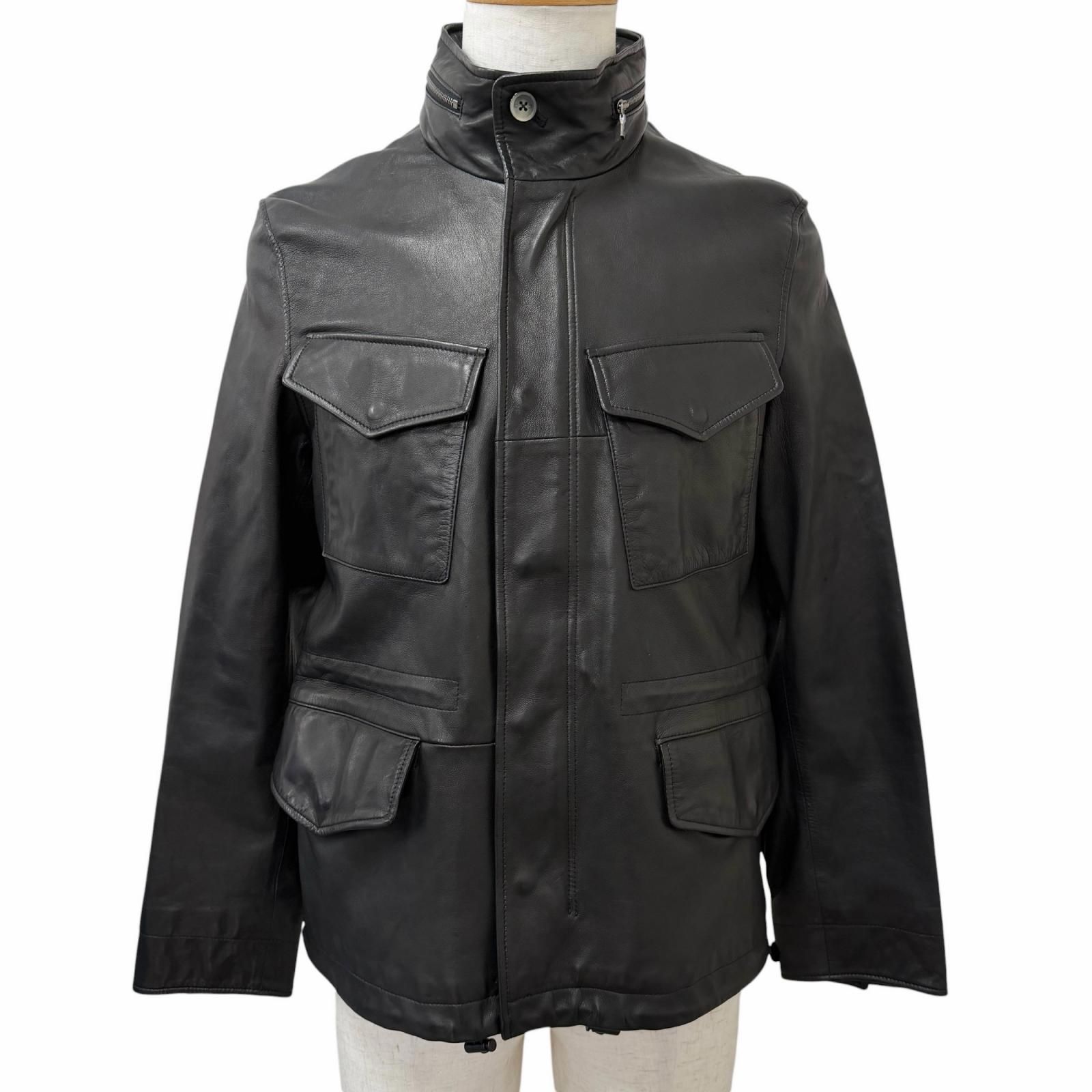 良品□PS Paul Smith ピーエス ポールスミス 羊革100％ スタンドカラー ライダースジャケット サファリジャケット ブラック M 正規品 メンズ