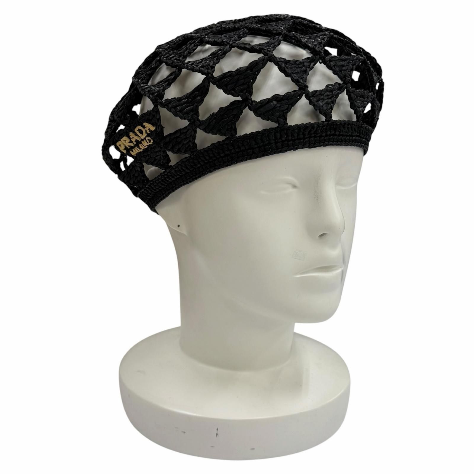 極美品★PRADA プラダ 2024年製 1HC266 ロゴ入り クロシェ ベレー帽 帽子 ブラック L 正規品 レディース 保存袋付き