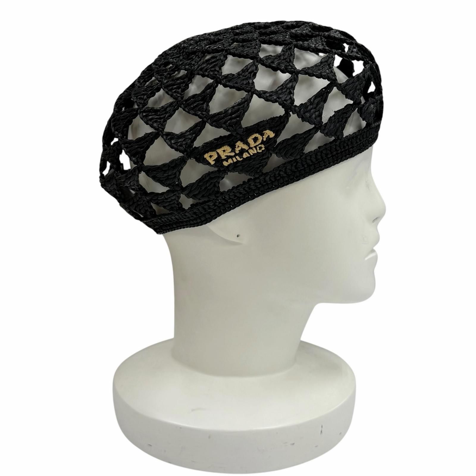 極美品★PRADA プラダ 2024年製 1HC266 ロゴ入り クロシェ ベレー帽 帽子 ブラック L 正規品 レディース 保存袋付き
