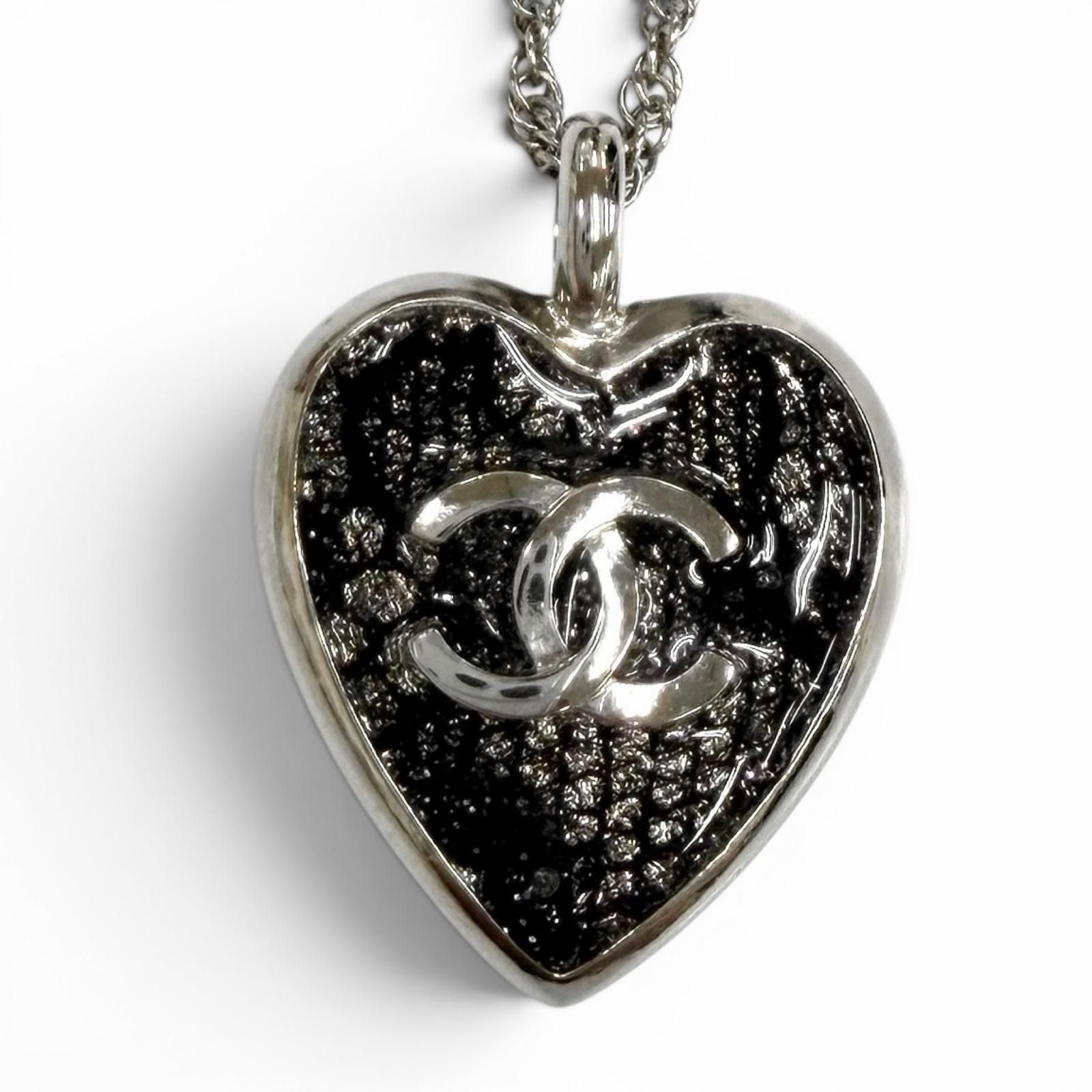 美品★CHANEL シャネル C24K ココマーク ハート レース ネックレス ペンダント シルバー ブラック フランス製 レディース
