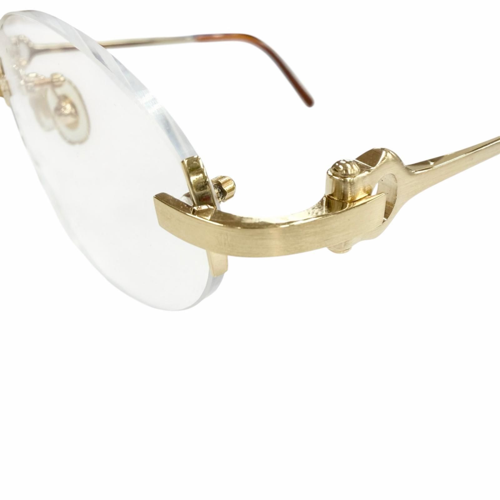 美品▼Cartier カルティエ 2C デコール ツーポイント リムレス オーバル マーブル柄 メガネ 眼鏡 アイウェア ゴールド クリアブラウン □20 135 フランス製 メンズ