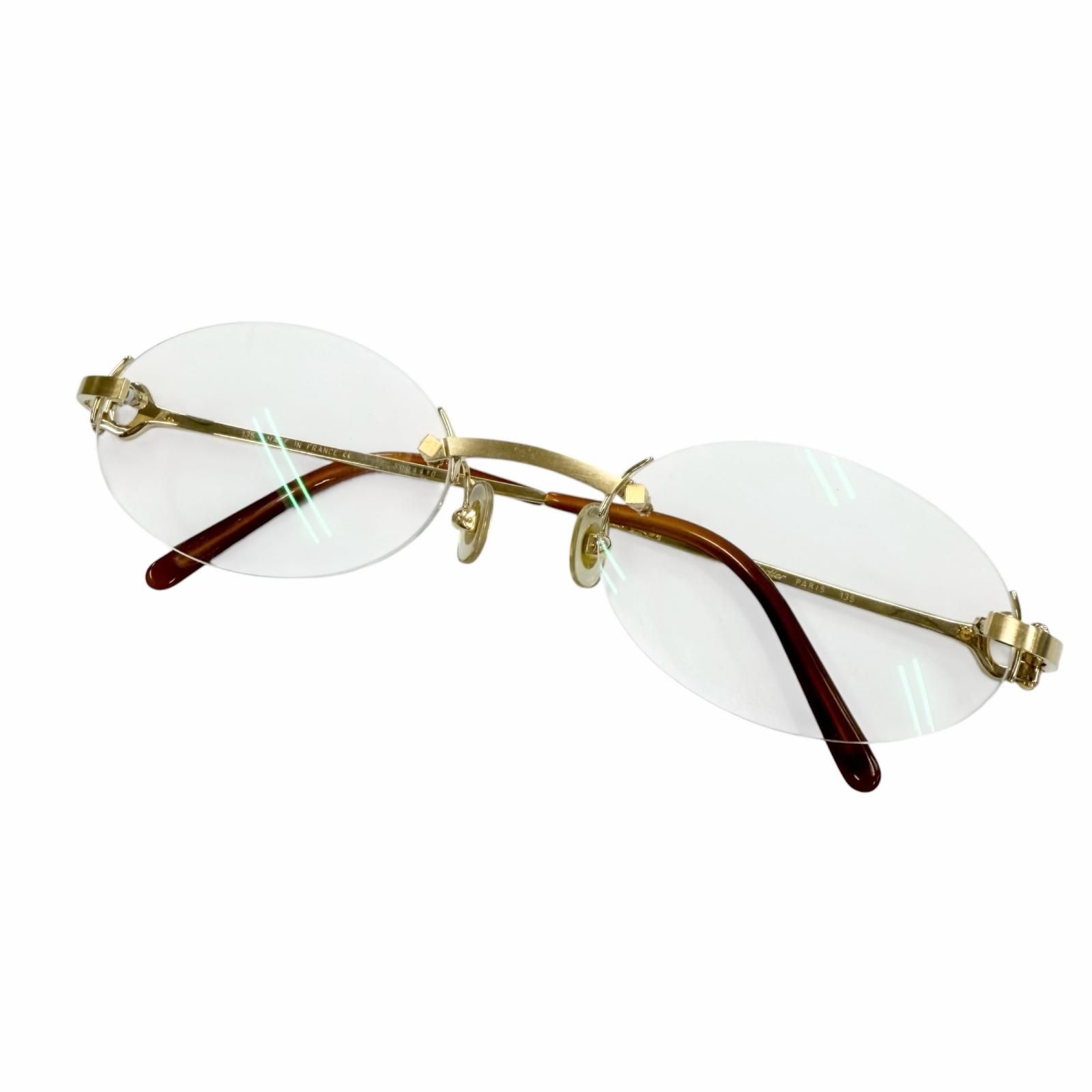 美品▼Cartier カルティエ 2C デコール ツーポイント リムレス オーバル マーブル柄 メガネ 眼鏡 アイウェア ゴールド クリアブラウン □20 135 フランス製 メンズ