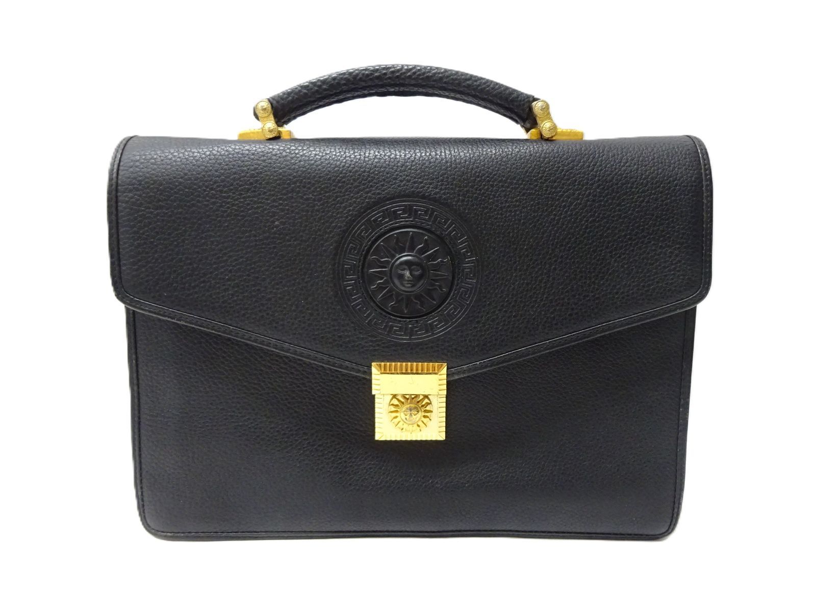 VERSACE オールド ヴェルサーチ ビジネスバッグ サンバースト ハンドバッグ ブラック ゴールド【ヴィンテージ】メンズ ベルサーチ