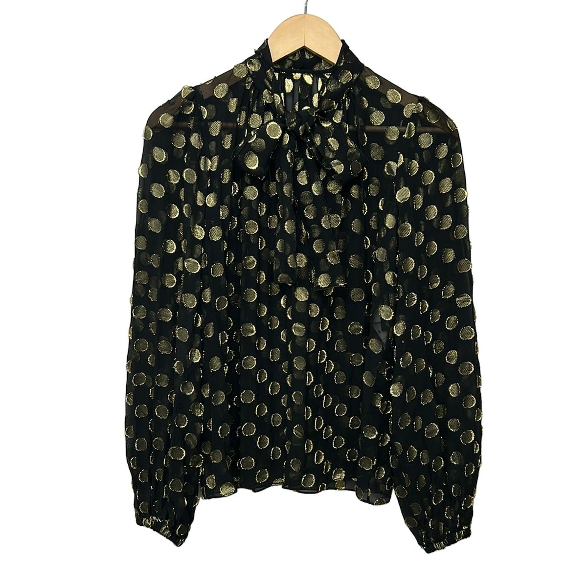 DOLCE&GABBANA(ドルチェアンドガッバーナ) 長袖カットソー サイズ36 S レディース - 黒×ゴールド ドット柄/リボン/ラメ/シースルー