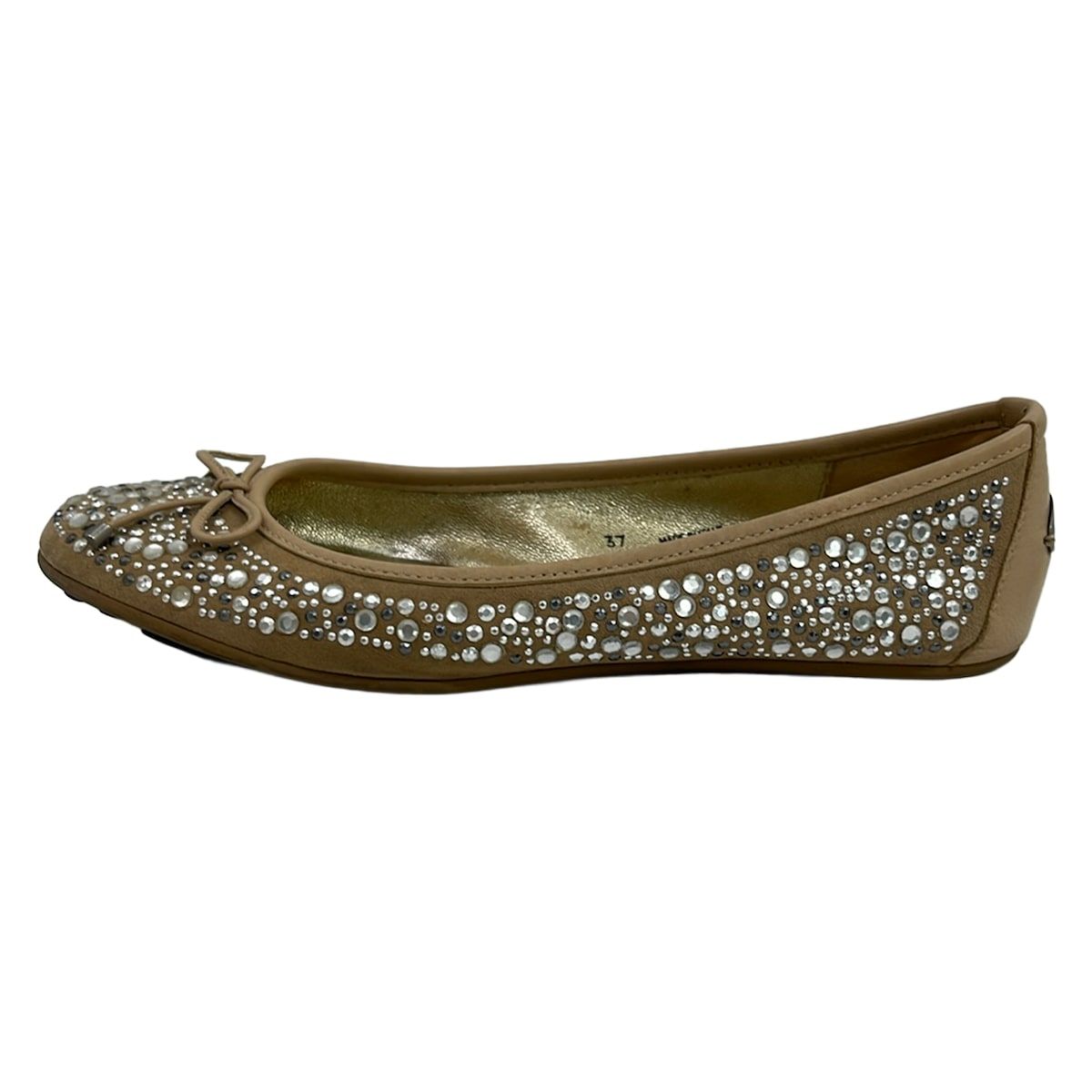 JIMMY CHOO(ジミーチュウ) フラットシューズ 37 レディース - ベージュ ラインストーン/リボン レザー