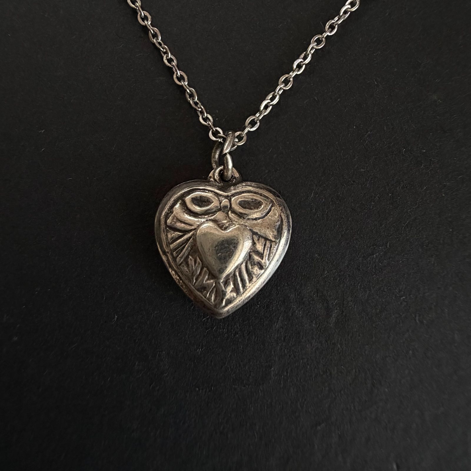 ⑥【40s Sweetheart Jewelry】 スウィートハートジュエリー WW2 リボン ダブルハート シルバーチャーム 両想い ヴィンテージ
