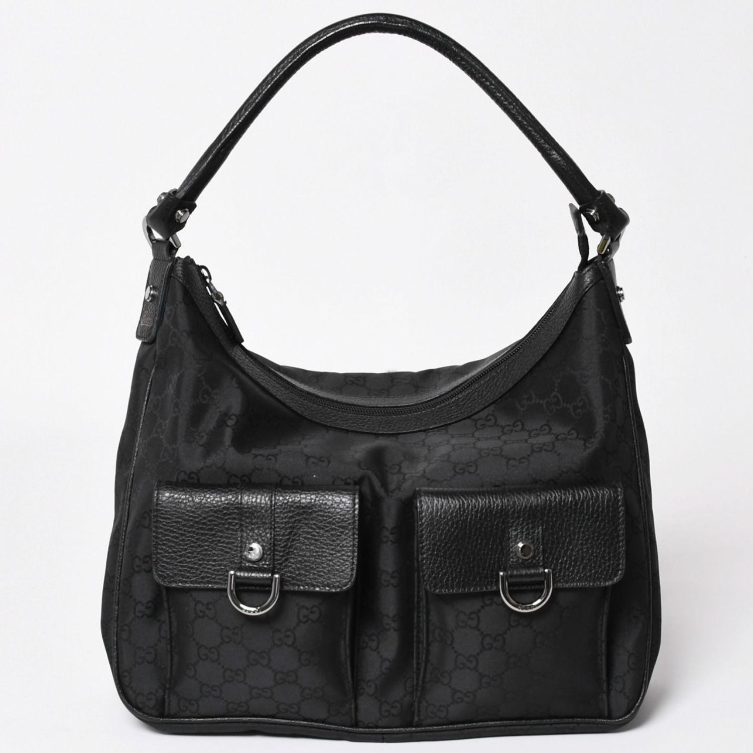 極美品 GUCCI グッチ ホーボー ワンショルダー ハンドバッグ 293581 GGキャンバス レザー ブラック シルバー金具 中古 4a003495