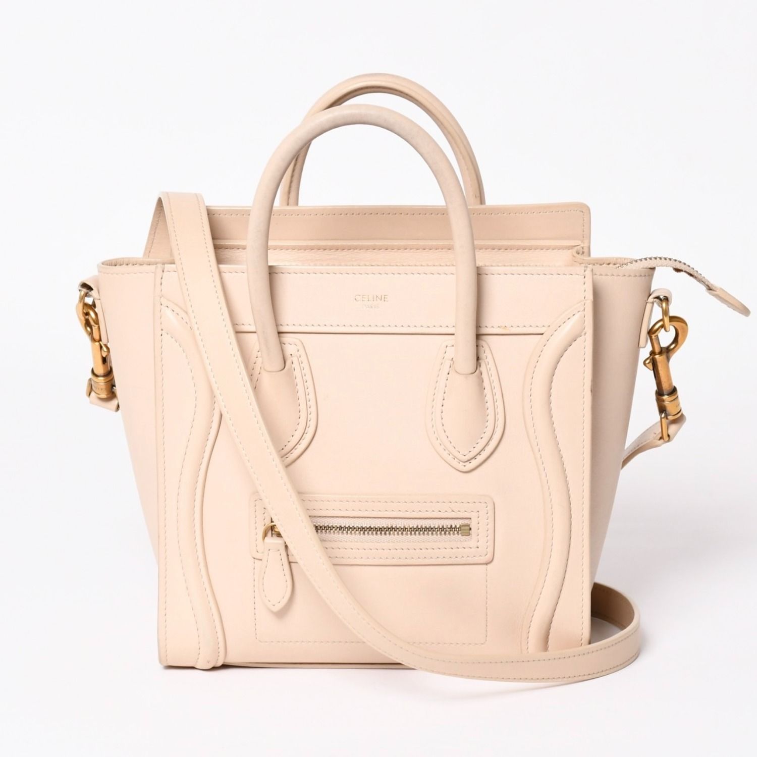 CELINE セリーヌ ハンドバッグ ショルダーバッグ ラゲージ ナノショッパー U-CU-0189 ベージュ ゴールド金具 美品 中古 4a003698