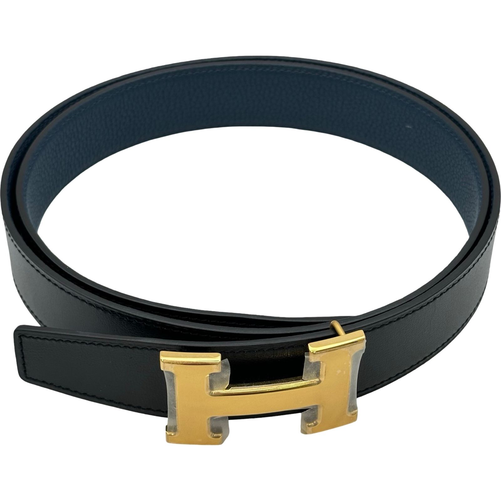 エルメス HERMES Hベルト C刻印 ブラック/ブルードプリュス ゴールド金具 トリヨン/ボックスカーフ レディース ベルト
