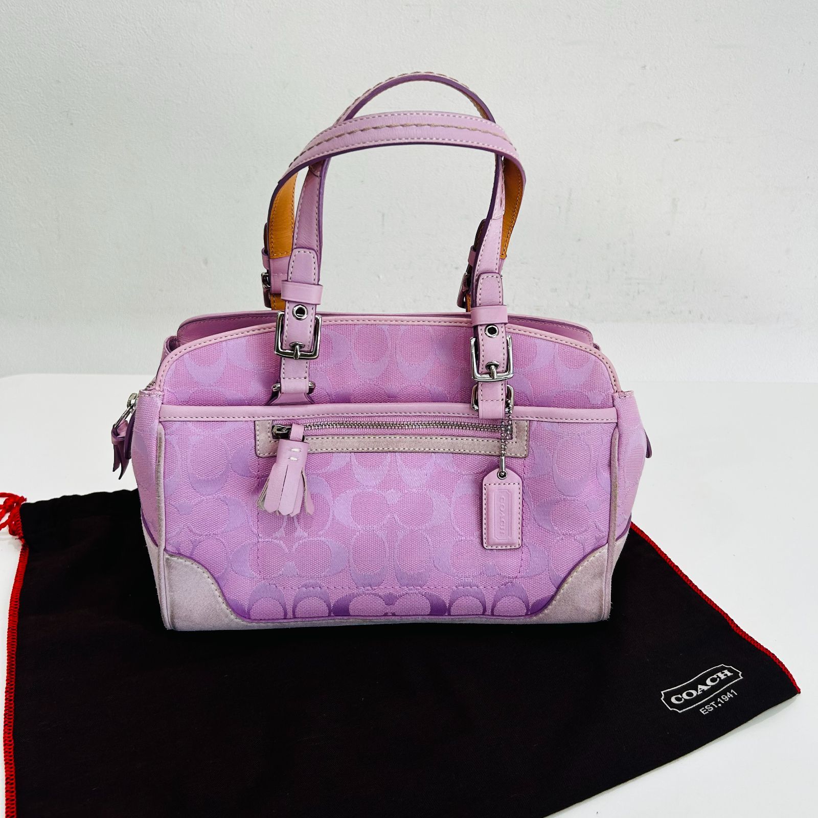 NC3815 コーチ COACH ピンク シグネチャー柄 ハンドバッグ トートバッグ スエード 検i