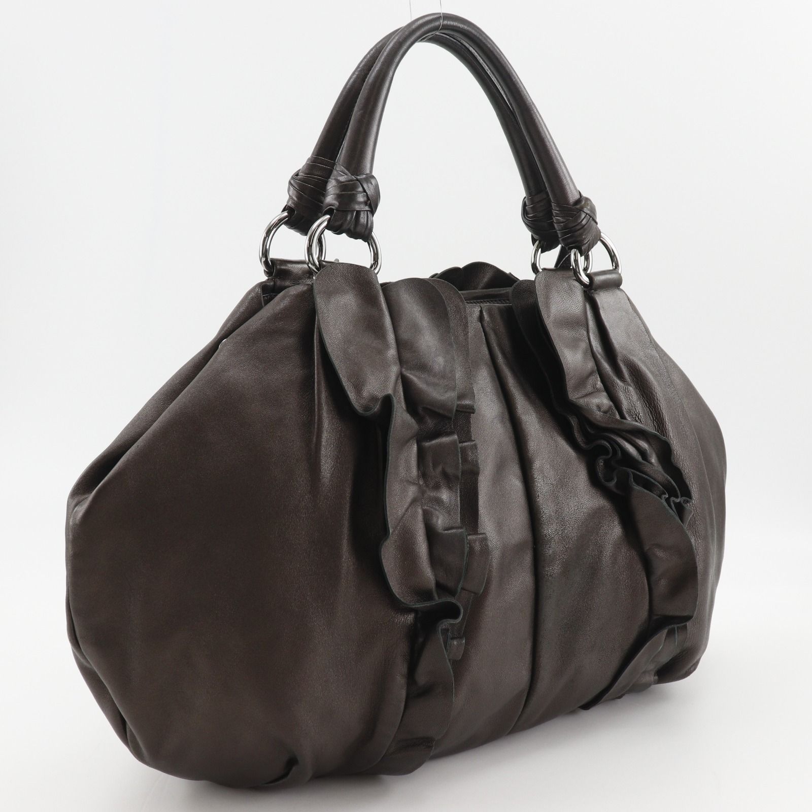 PRADA】プラダ フリル BR3987 レザー 茶 レディース トートバッグ 