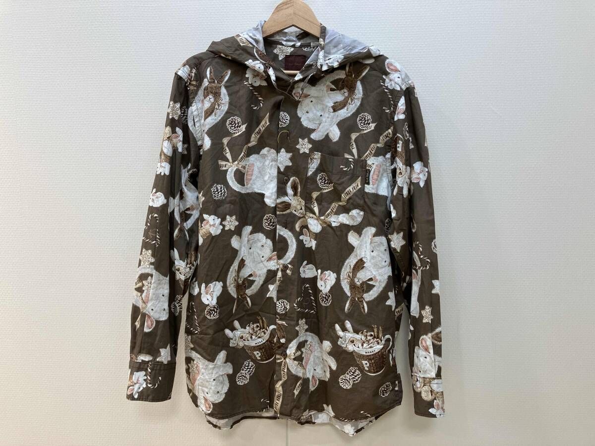 Karl Helmut カールヘルム PINK HOUSE ピンクハウス 長袖シャツ フーディ うさぎ 総柄 ブラウン サイズ3 (M) コットン 綿 日本製