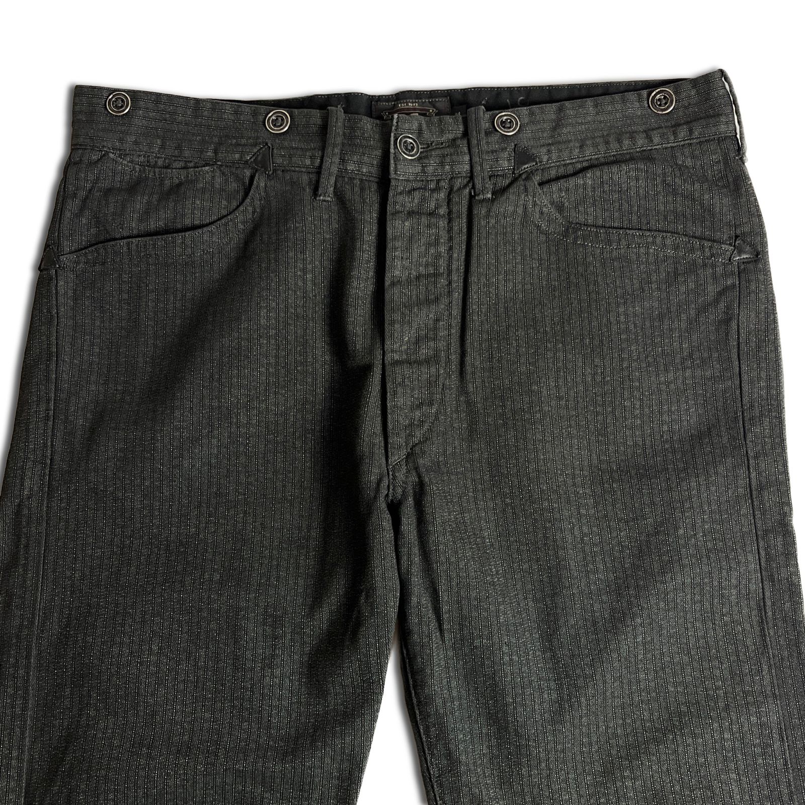 【W34】RRL BLACK STRIPE TROUSERS ストライプ シンチバック サスペンダーボタン ダブルアールエル 2000000025490