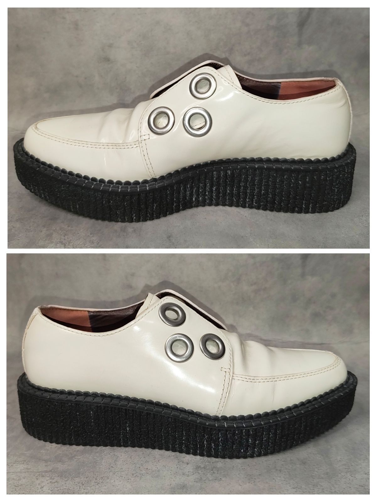 00s MARC BY MARC JACOBS Y2K Archive スタッズ 厚底 ラバーソール レザー シューズ ホワイト 白 革靴 ベルベットリボン ハトメ ギミック パンク ゴス ローファー プラットフォーム レディース 希少 名作 22.5cm相当