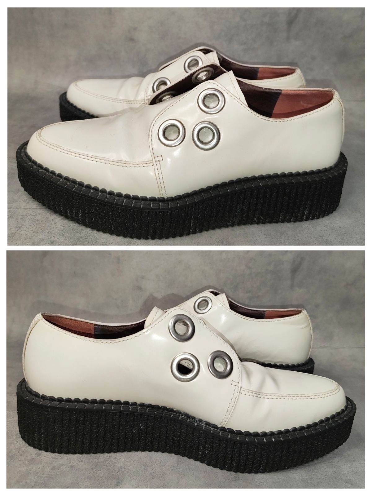 00s MARC BY MARC JACOBS Y2K Archive スタッズ 厚底 ラバーソール レザー シューズ ホワイト 白 革靴 ベルベットリボン ハトメ ギミック パンク ゴス ローファー プラットフォーム レディース 希少 名作 22.5cm相当