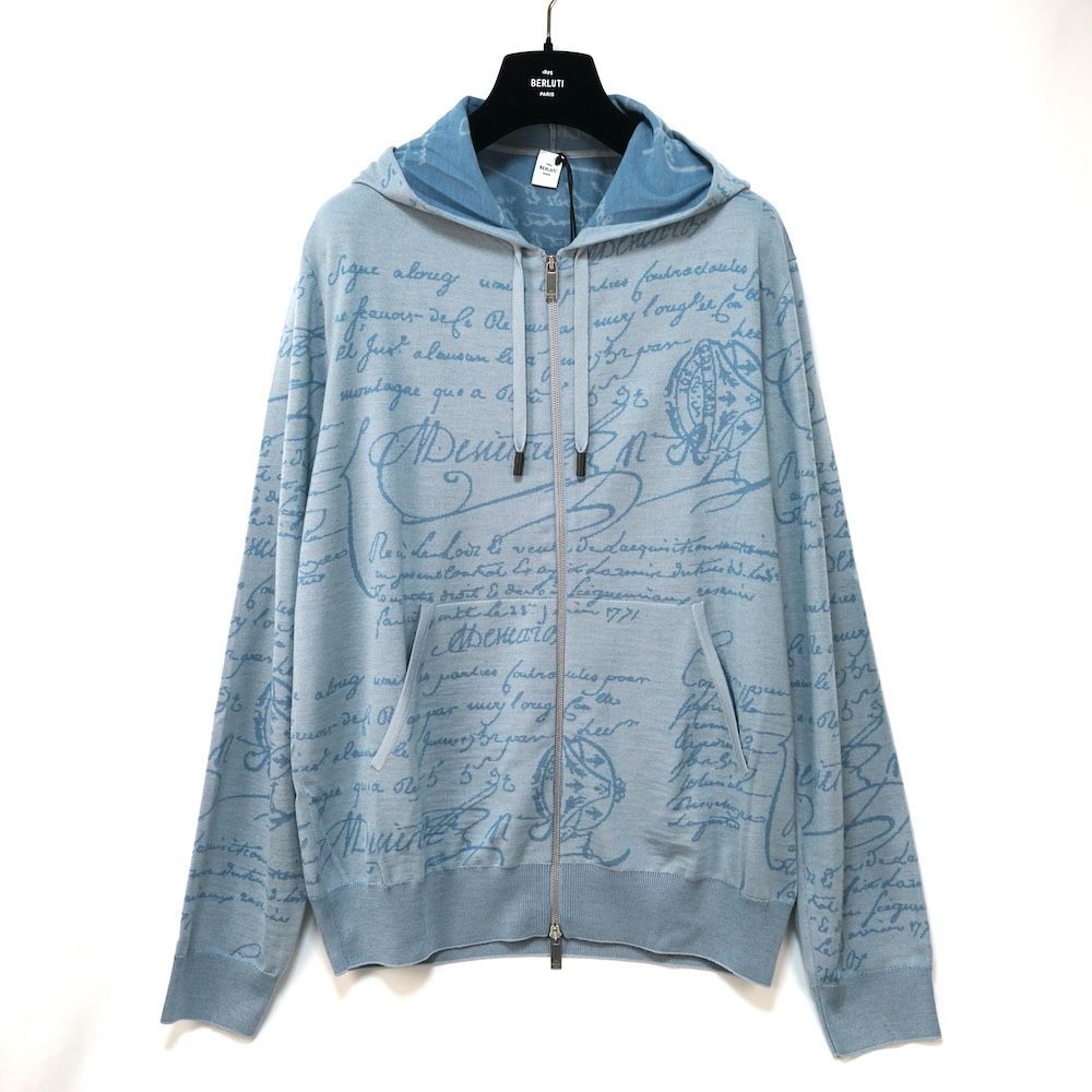 BERLUTI 1895 PARIS ベルルッティ Scritto Wool Zip Up Hoodie スクリット ウール ジップ アップ フーディ パーカー Lサイズ ペールブルー R26KZL01-001