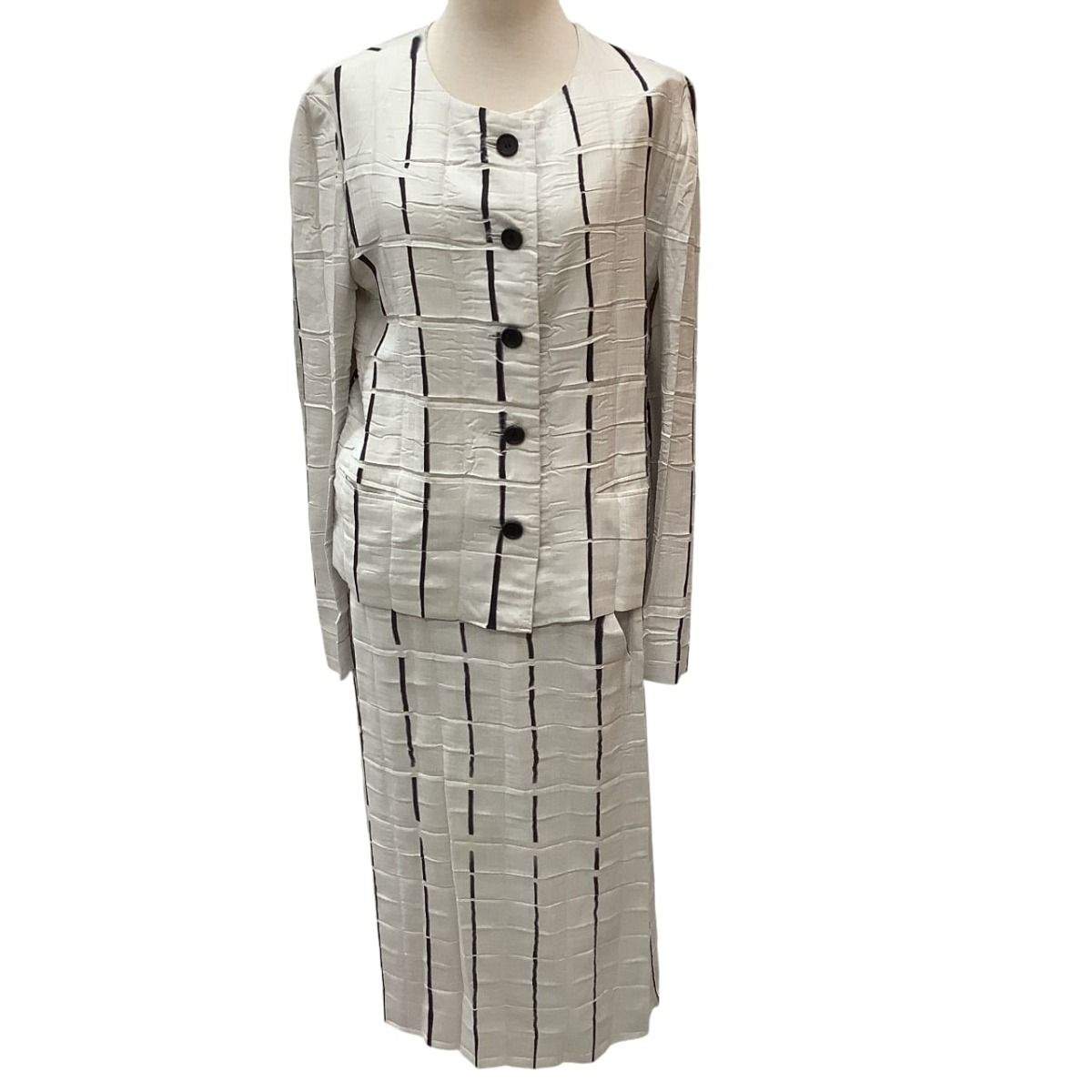 ♪♪ISSEY MIYAKE イッセイミヤケ ストライプ ライン染めシワプリーツ セットアップ ジャケット スカート SIZE 2 ホワイト