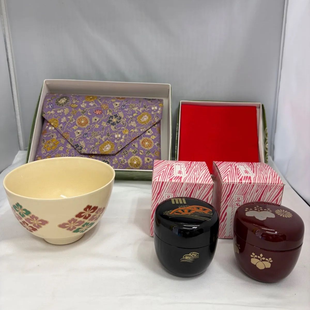 茶道具 セット ② 数寄屋袋 帛紗 棗 茶碗 加藤藤山 花菱