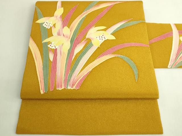平和屋着物●極上　本加賀友禅作家　和田与吉　九寸名古屋帯　草花文　鬼しぼ縮緬　櫨染色地　逸品　DZAB6666kh6