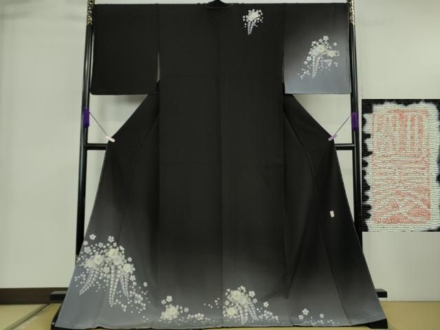 平和屋着物●極上　訪問着　作家物　辻が花　暈し染め　黒地　鬼しぼ縮緬　ロング丈　逸品　未使用　DZAB6718kh6