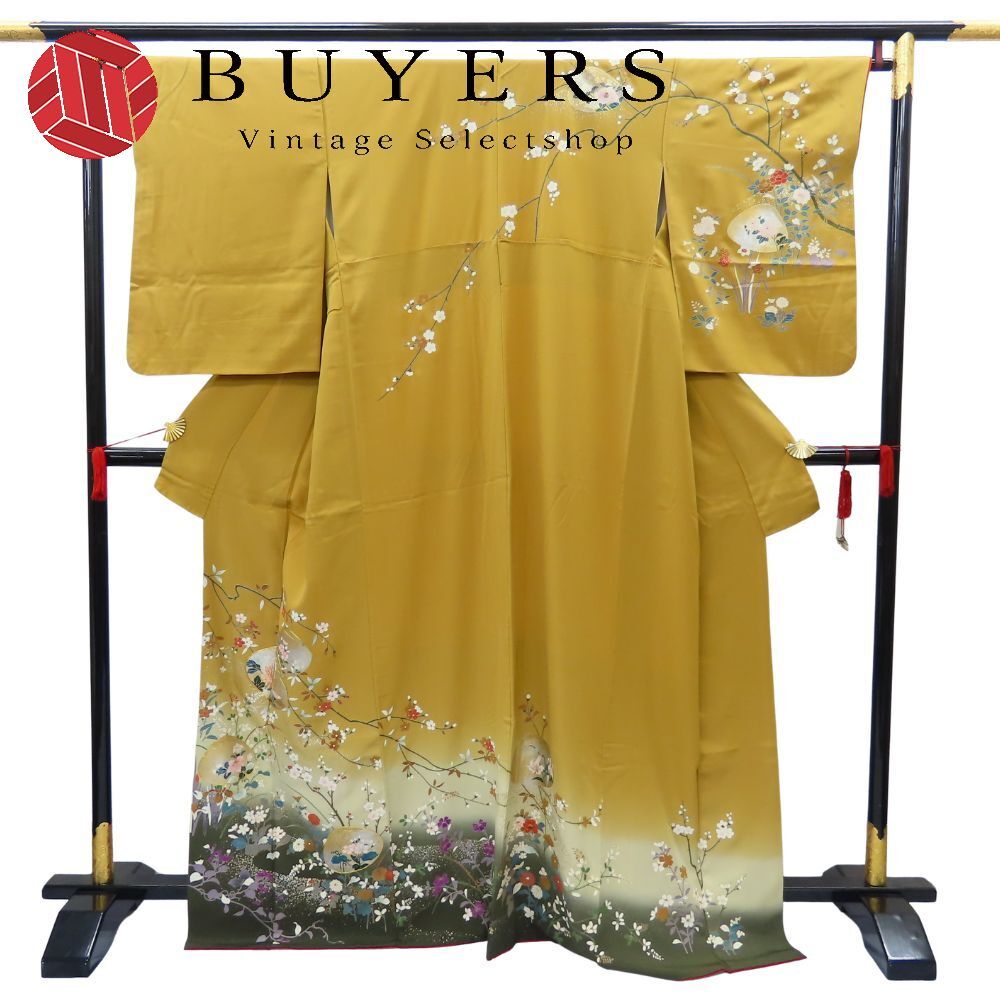 【中古】 訪問着・付下 正絹 着丈約167cm 裄丈約67cm からし マルチカラー 草花 箔 和装 呉服 和服 きもの レディース 女性