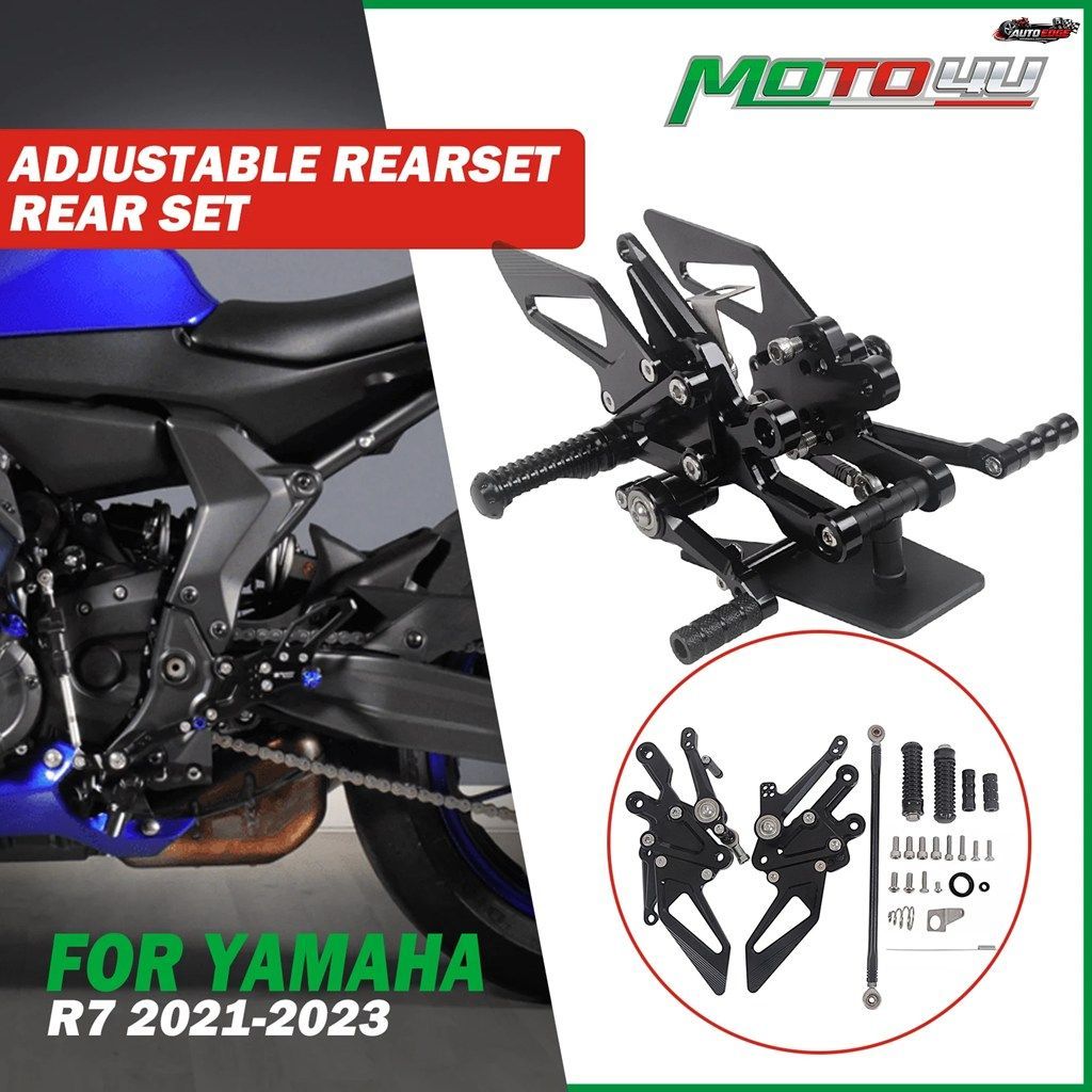 CNC調整式リアセットフットペグ レーシングリアセット ブラック/シルバー ヤマハ R7 2021 - 23用