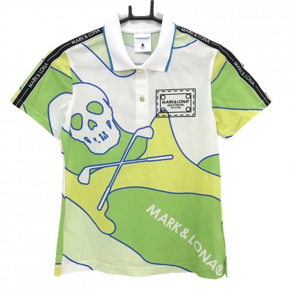 【美品】マークアンドロナ 半袖ポロシャツ 白×ライトグリーン×イエロー 総柄  レディース 36(S) ゴルフウェア 2024年モデル MARK＆LONA 美品】マークアンドロナ 半袖ポロシャツ 白×ライトグリーン×イエロー