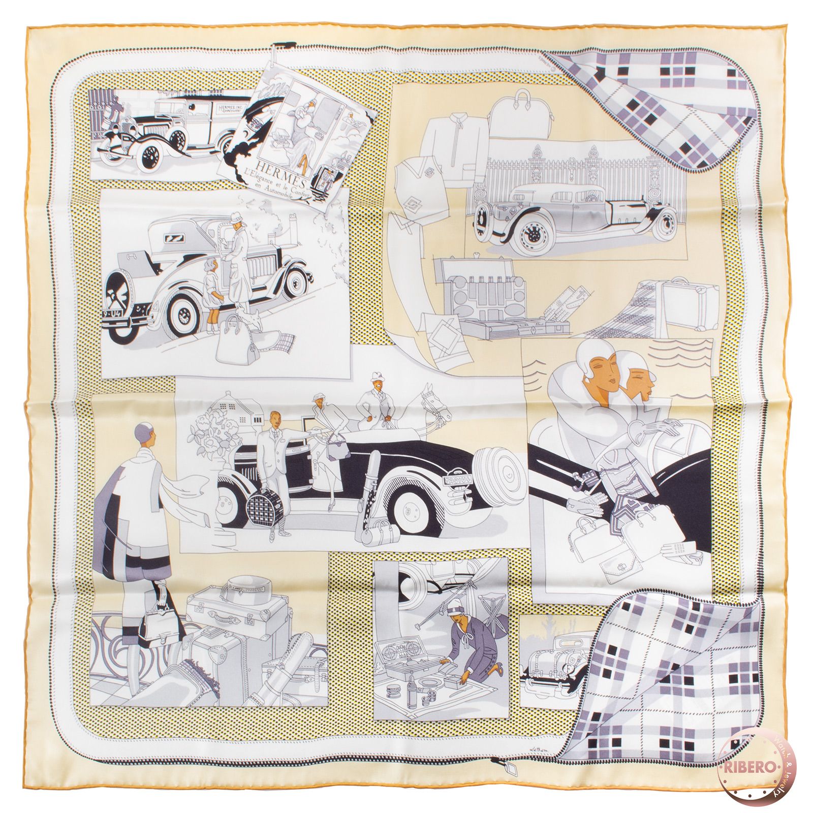 【未使用】HERMES エルメス スカーフ カレ70 L Elegance et le Confort en Automobile 自動車の快適 981902S 09 シルク ベージュ ブラック【中古】