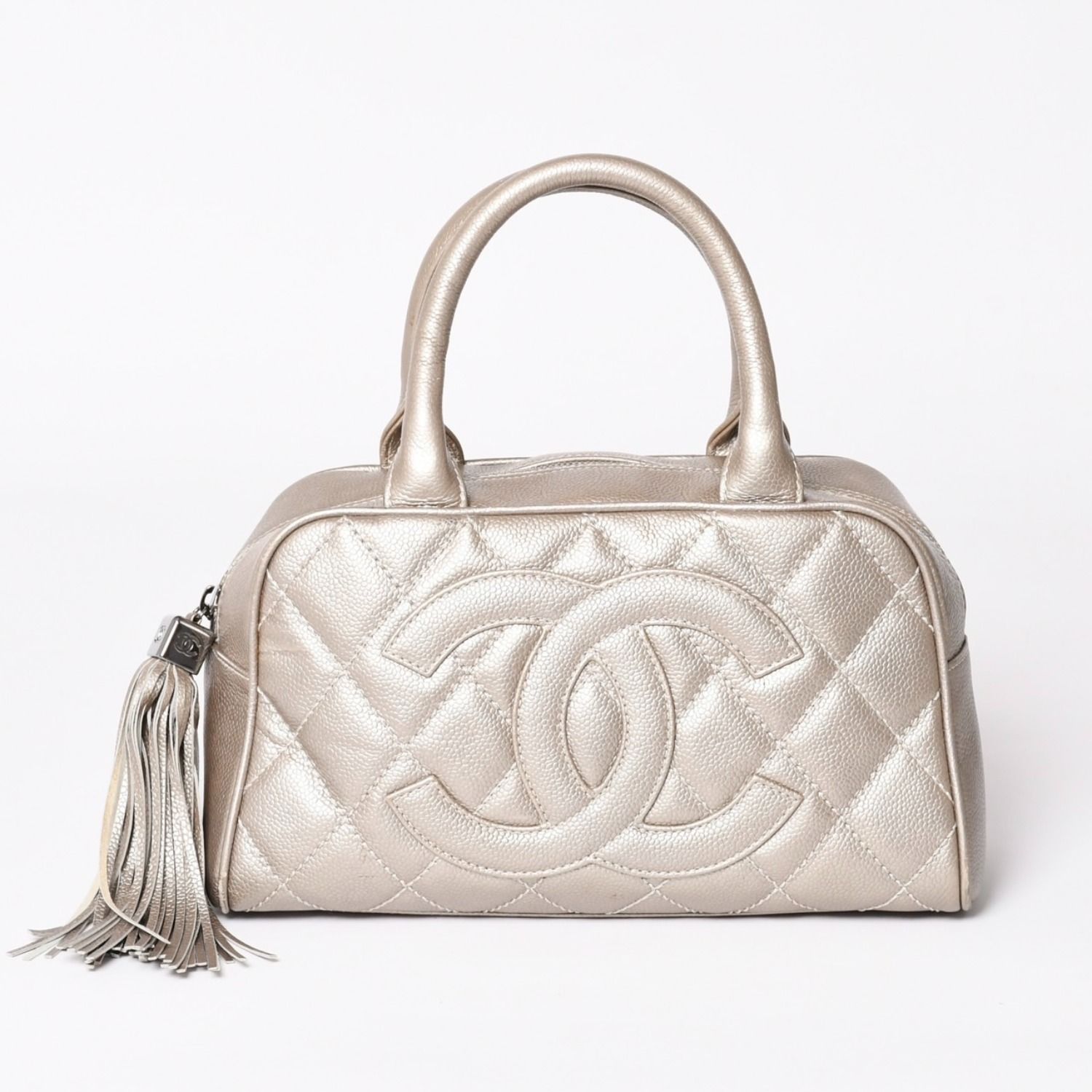 CHANEL シャネル マトラッセ ココマークミニボストンバッグ 9番台 ハンドバッグ キャビアスキン キルティング ブロンズ調 ゴールド シルバー金具 美品 中古 4a003711