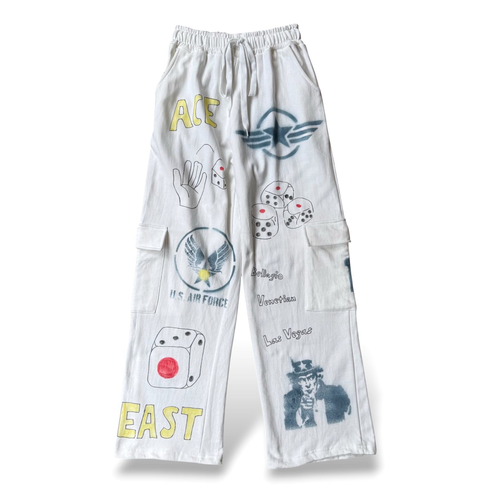 HAND PAINTED ART STENCIL MEMORIAL WIDE SWEAT PANTS / ハンド ペイント アート ステンシル メモリアル 落書き ワイド スウェット カーゴ パンツ