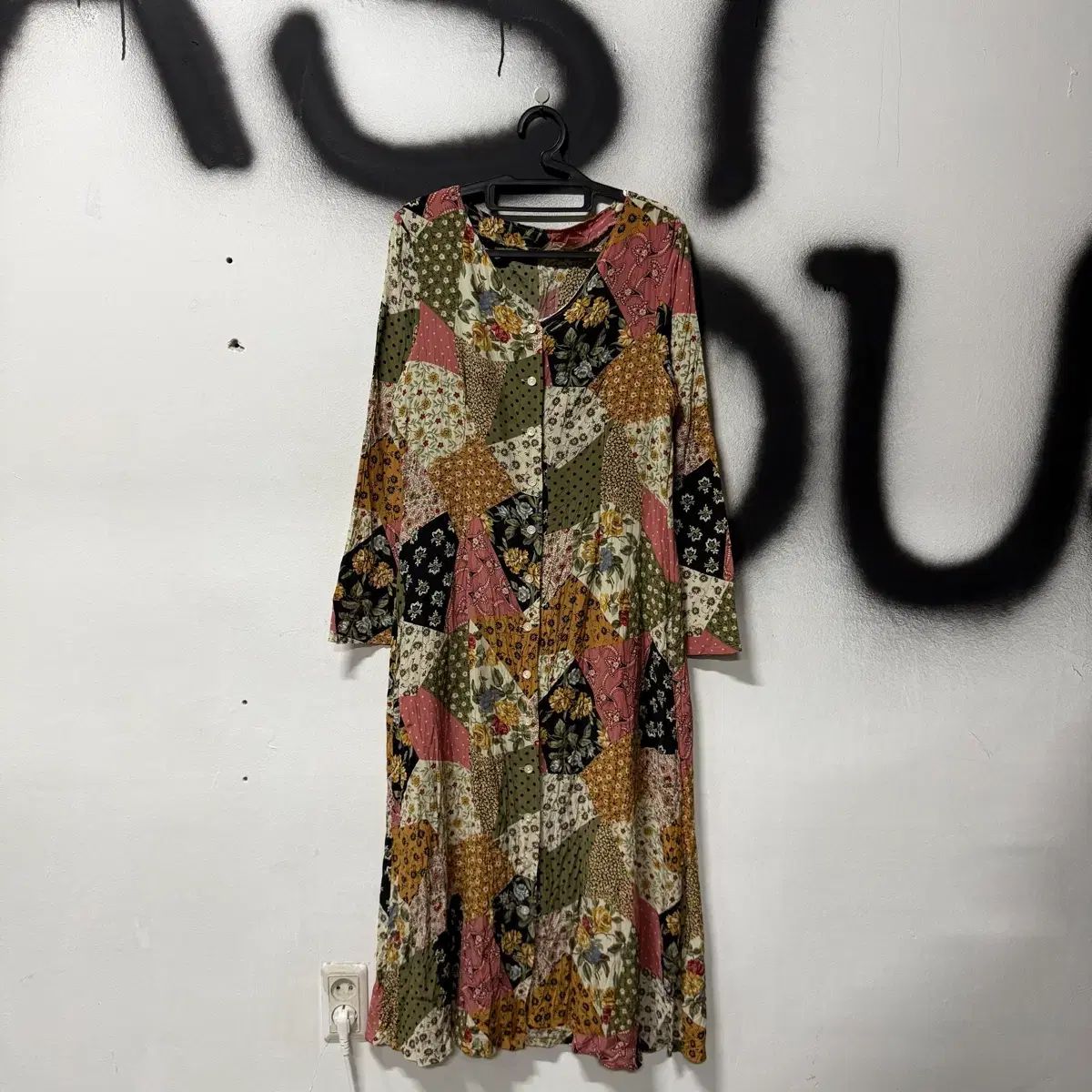 VTG ヴィンテージ ウール はぐみ パッチワーク ボタン ロング ローブ ONE PIECE