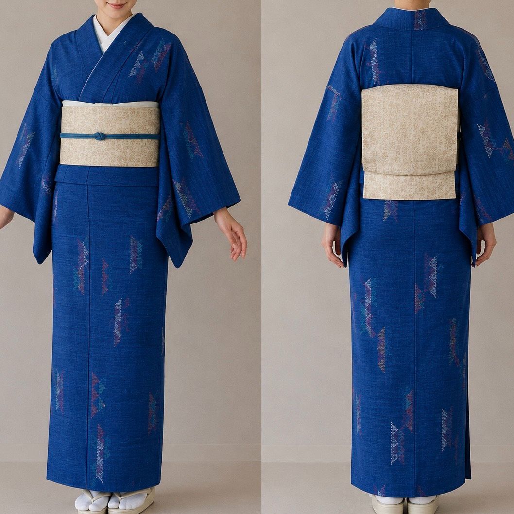K189 美品 紬きもの しつけ糸付き 幾何学模様 正絹 和装 和服 着物 