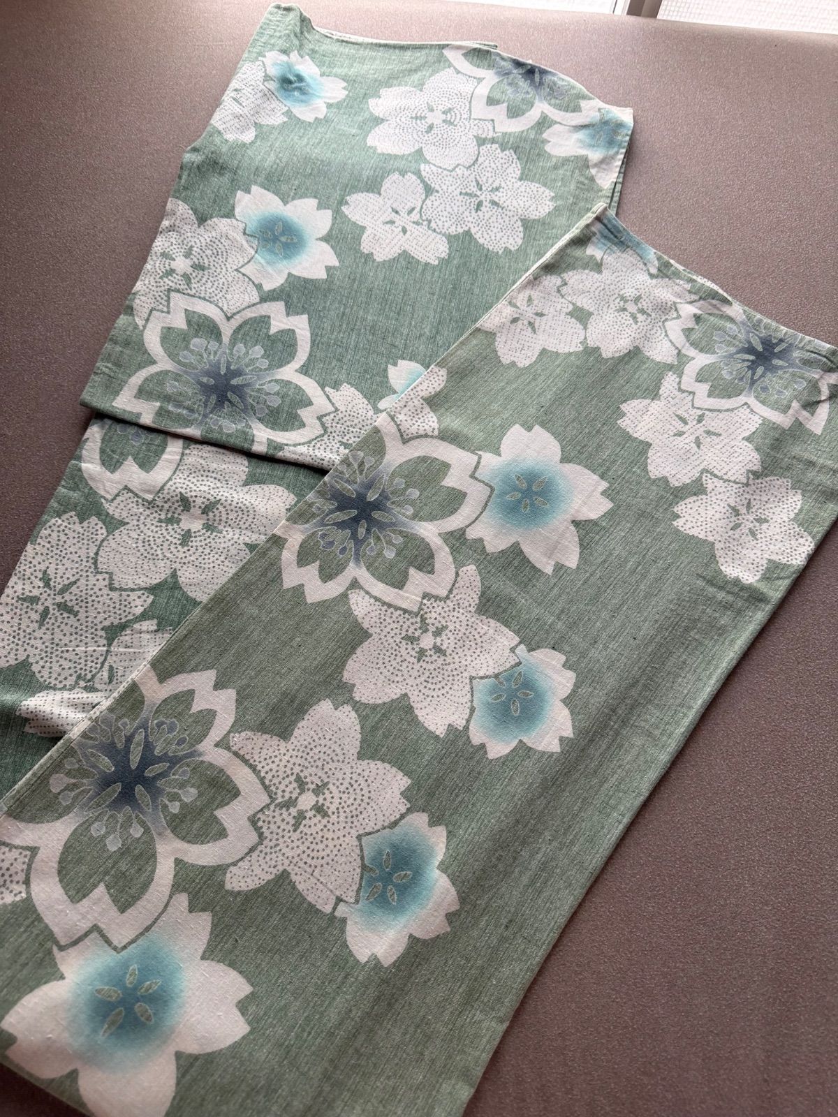 浴衣　綿　夏物　青磁色　桜