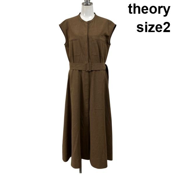 □ セオリー theory シャツ ワンピース ロング丈 半袖 ベルト 前開き ポケット バンドカラー ブラウン 2 M 9号 レディース S6F226