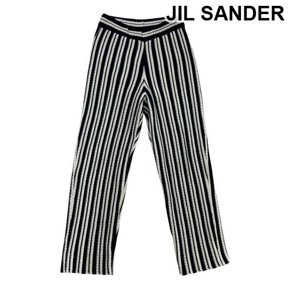 ◆ ジルサンダー JIL SANDER ニットパンツ イージーパンツ ストライプ リブ編み ネイビー 白 S 7号 レディース S6F234