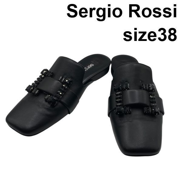 セルジオロッシ Sergio Rossi スクエアトゥミュール サンダル ビジュー バックル ローヒール 黒 レザー 38 約25cm レディース 6D302