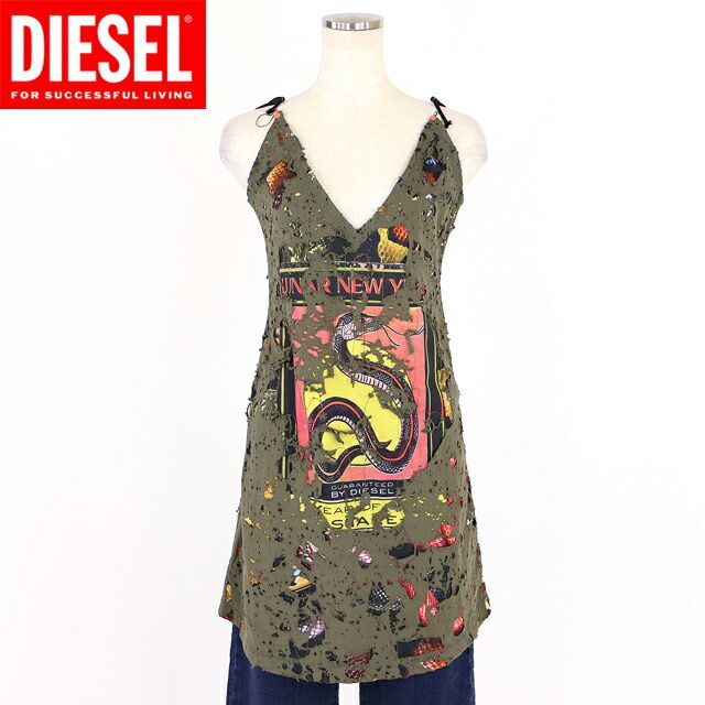 ディーゼル DIESEL【訳あり】レディース ワンピース ショート CL-D-JENA-DEV-SNAKE　ダメージデザインキャミワンピース カーキ系（サイズ/M）cl0029