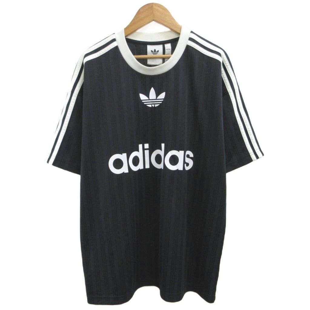 アディダス adidas Tシャツ スポーツウェア トップス M 黒 ブラック ロゴプリント 半袖 ストライプ柄 /YU GY53