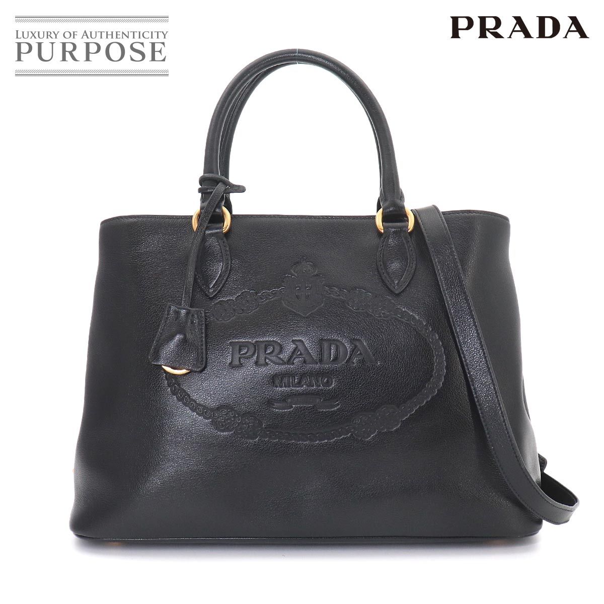 新品同様 プラダ PRADA 2way ハンド ショルダー バッグ レザー ブラック ゴールド 金具 ロゴ Hand Shoulder Bag 90325481