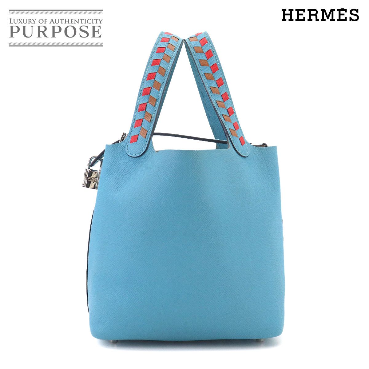エルメス HERMES ピコタンロック 18 PM トレサージュ ハンド バッグ エプソン ブルーデュノール ルージュクー ゴールド D刻印 90326976